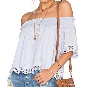 Tularosa eyelet off the shoulder crop top. Color: light blue size Medium